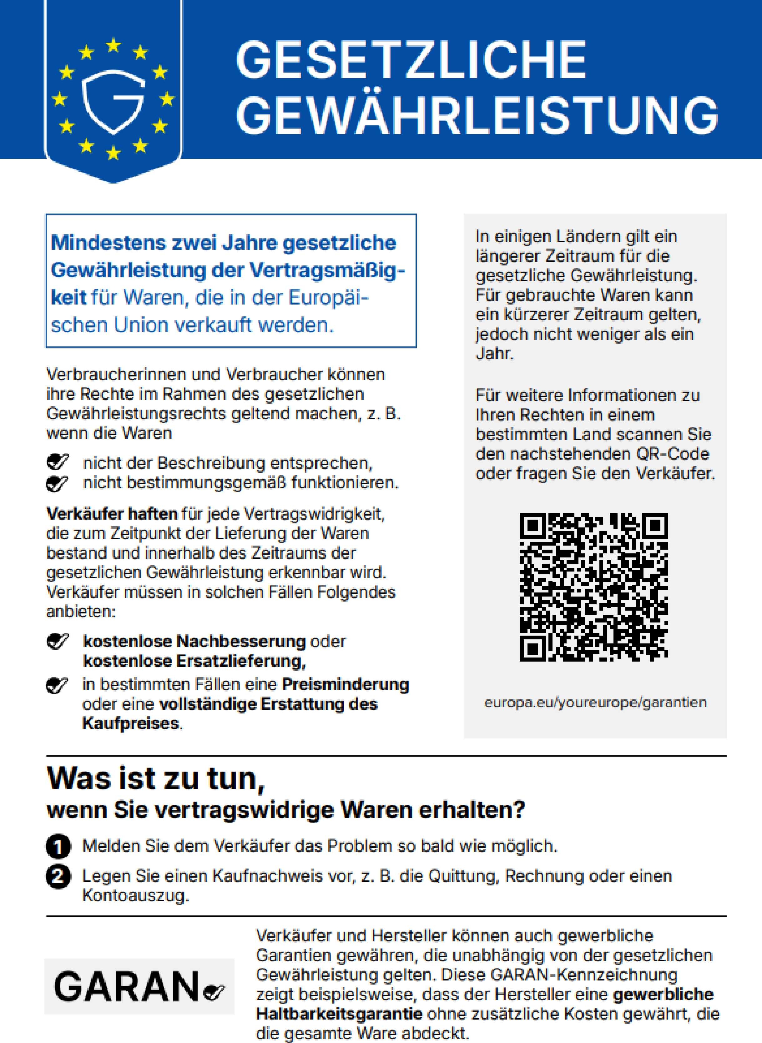 Harmonisierte Mitteilung über die gesetzliche Konformitätsgarantie für das Produkt